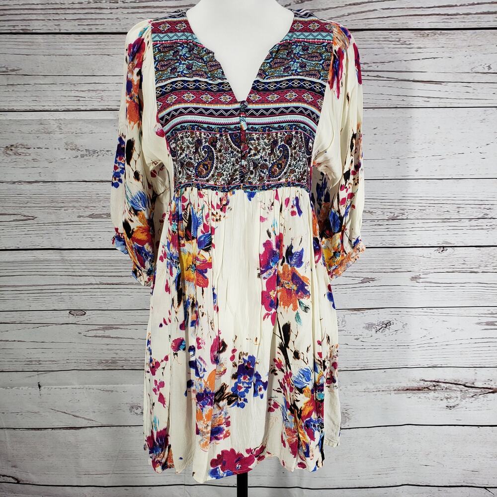Umgee Multicolor Bohemian V-Neck 3/4 Sleeve Tunic/ Dress Size Small
